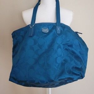 NWOT Coach Blue Teal Signature Nylon Tote Duffle Weekend Shoulder Bag